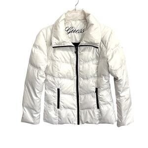 Guess Women's Standard White Puffer Jacket M Black Accents Winter Casual